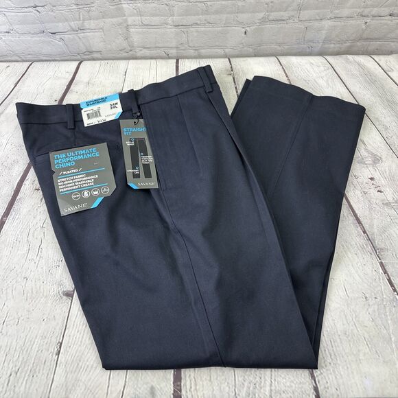 Savane Mens The Ultimate Performance Chino‎ Navy 34W / 29L Pleated Pants NWT - Picture 1 of 10